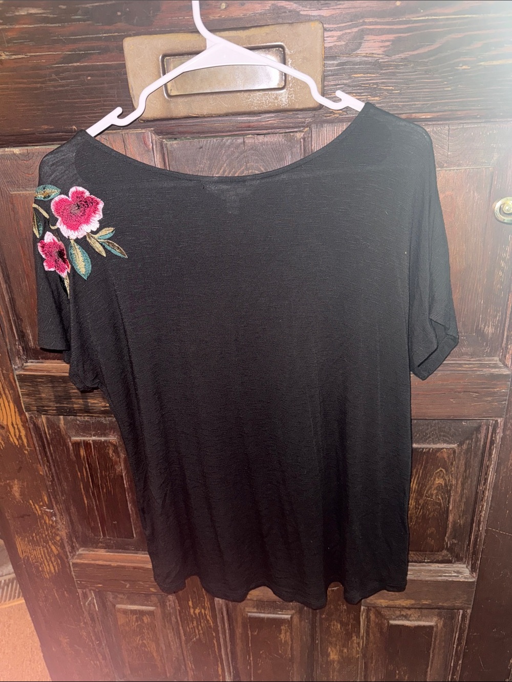 Black Short Sleeve Tee with Pink Floral Embroidery - Picture 4 of 4